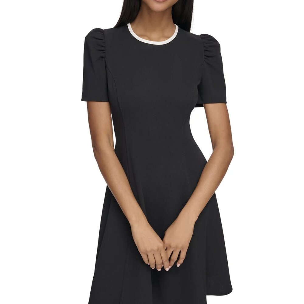 KARL LAGERFELD PARIS Women's Scuba-Crepe Contrast-Trim A-Line Dress Sz 14